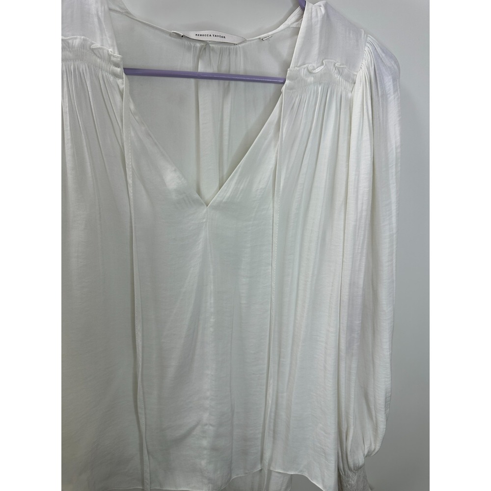 Rebecca Taylor Sateen Tie Neck Smocked Ruffle Cuff Blouse XS Off White Luxury - Picture 5 of 16